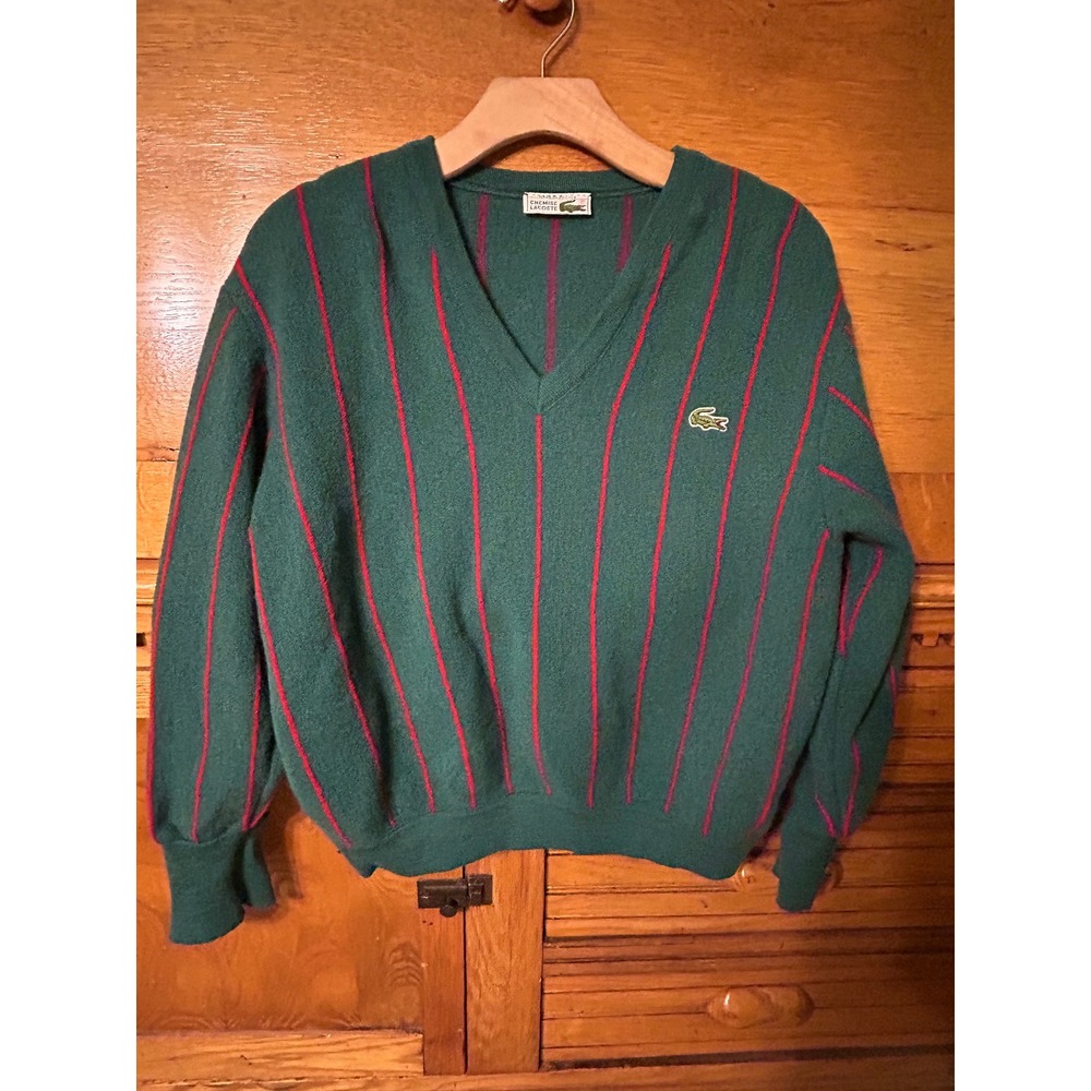 Vintage Chemise Lacoste Preppy Old Money Green Red Striped V-Neck Sweater FRANCE